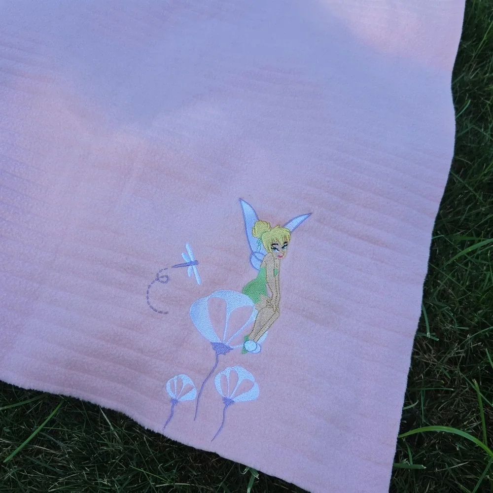 Disney Store Tinker Bell Pink Fleece Throw Blanket Embroidered Fairy 57x48